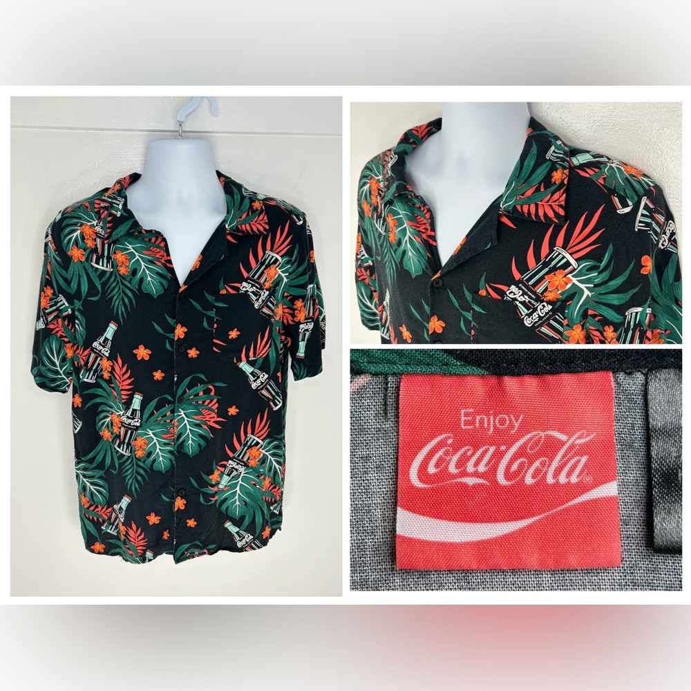 Coca Cola‎ Hawaiian Shirt Size Medium Aloha Floral Bottle Beach Relax Resortwear